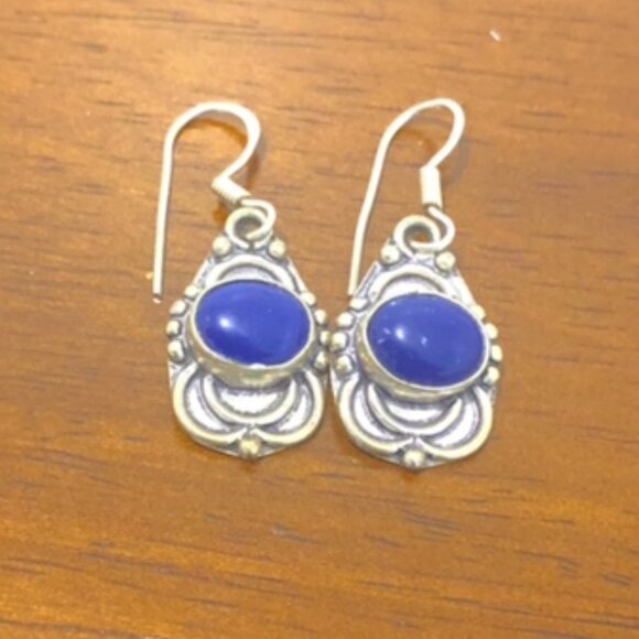 Silver Tone Blue Oval Stone Drop Earrings - Picture 1 of 9